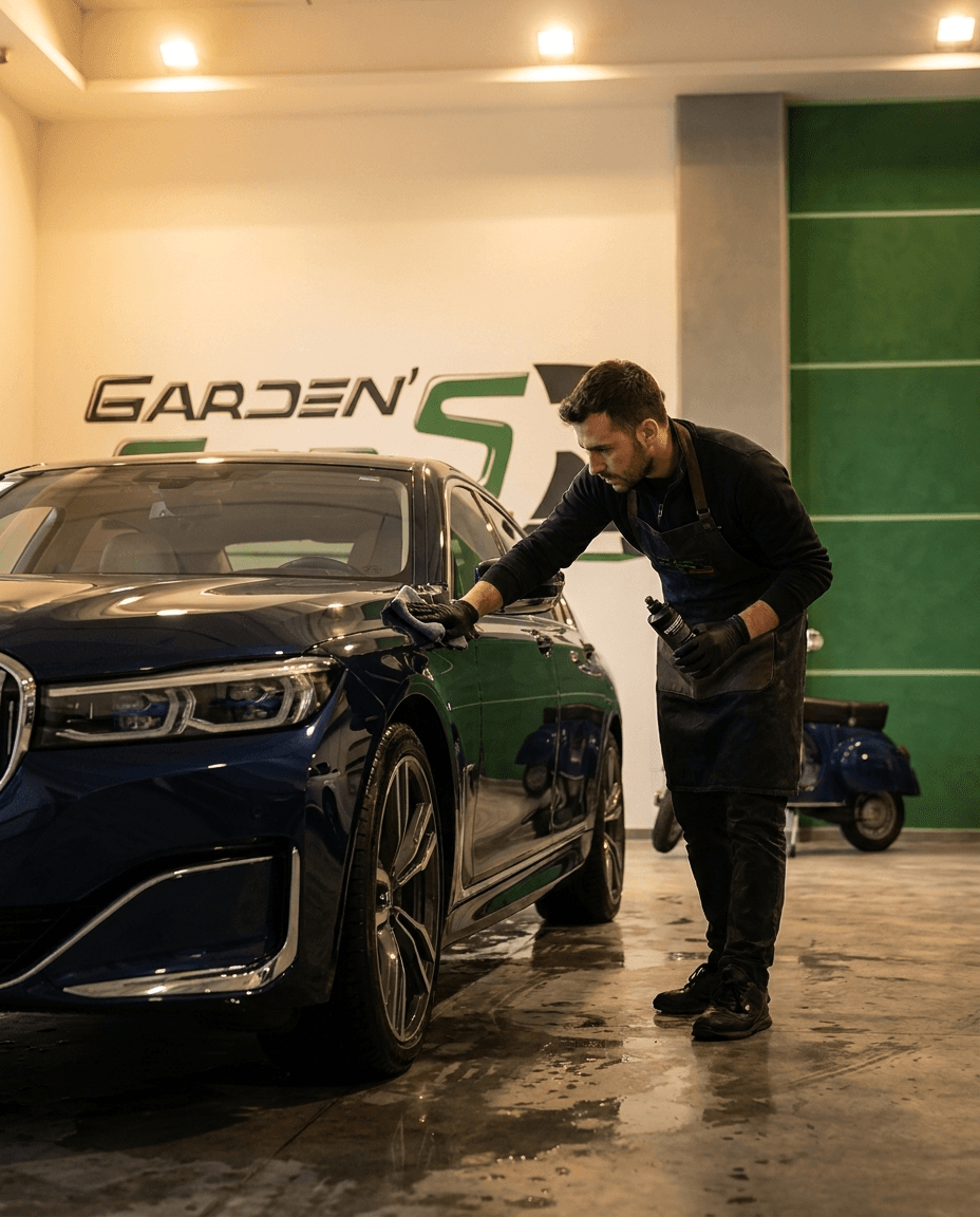 Un addetto Gardens Cars cura un'auto nello showroom di Giffoni Valle Piana